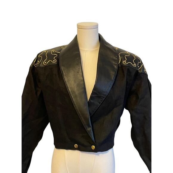 Vintage‎ Western Bolero Jacket Womens M Black Linen Leather Embellished 80s USA - Picture 2 of 11